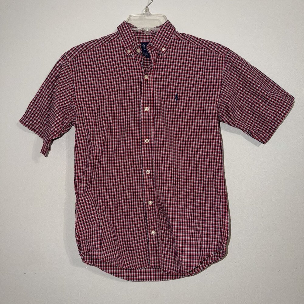 Polo Ralph Lauren Boys Button Down Shirt Red White Blue‎ Plaid M 12 14 Pony Logo